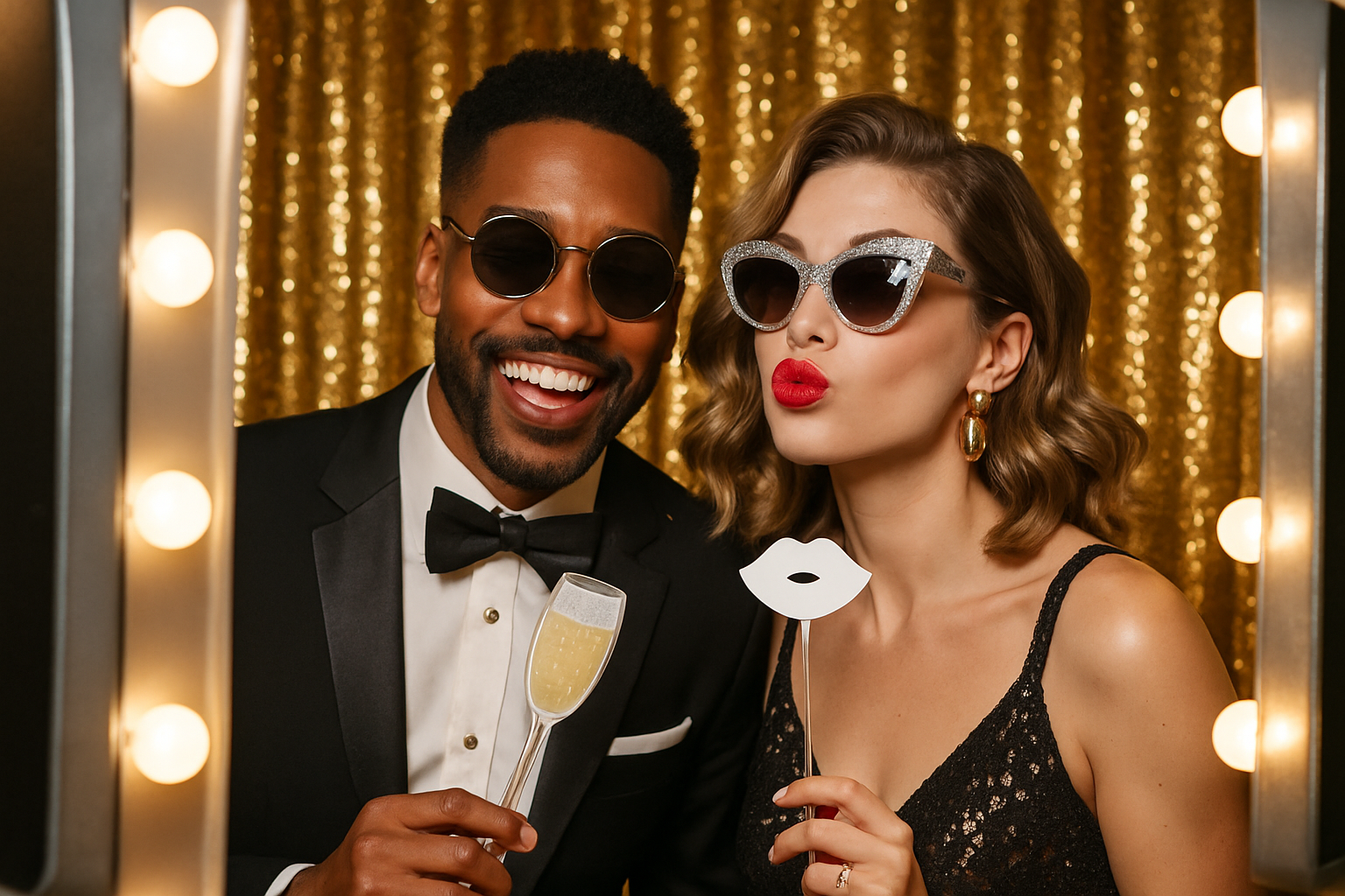 Stylish couple enjoying a glamorous photo booth experience at a celebration